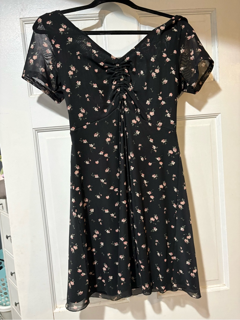 Hollister Black Dress with Pink Floral Lace-Up Front